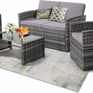 4 Pieces Patio Conversation Set, Outside Rattan Sectional Sofa, Cushioned Furniture Set, Wicker Sofa Ideal for Garden, Porch, Backyard, Grey Color Rattan and Light Grey Cushion