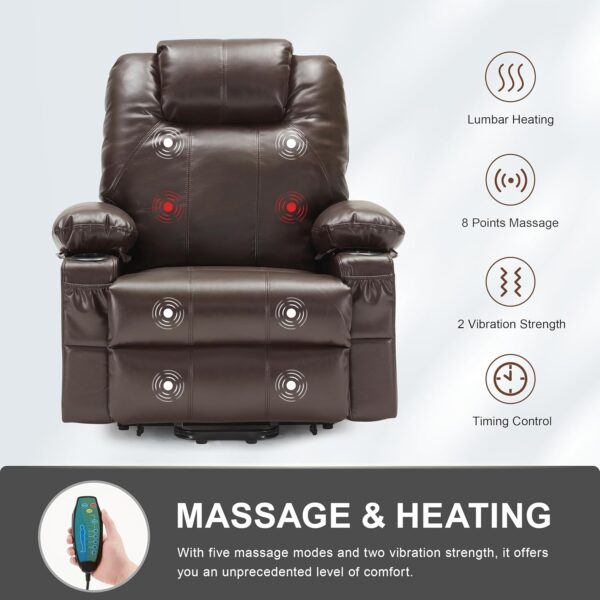 Oversized Power Lift Recliner Chair with Heat and Massage, Leather Power Recliner Chair with USB Port and Cup Holders, Big Large Recliner Chair for Seniors (Leather, Brown) - Image 5