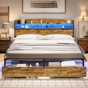 Queen Bed Frame with RGB LED Light Headboard, USB-C/A Charging Station, Metal Platform Bed with Storage Drawers, No Box-Spring Needed, Vintage Brown & Black