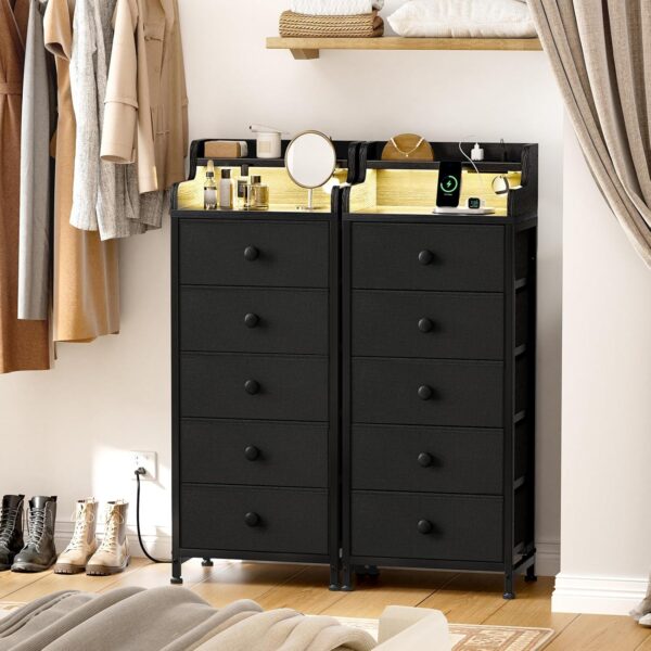 REAHOME Dresser for Bedroom with Charging Station and LED Lights, 5 Drawers Dresser Black Chest of Drawers with Shelves, Tall Night Stand with Sturdy Steel Frame & Wood Top for Bedroom - Black Grey - Image 2