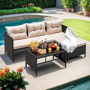 Devoko Outdoor Patio Furniture 3-Piece Rattan Water Resistant Patio Conversation Set All Weather Sectional Patio Sofa with Thick Cushion Glass Table for Balcony, Garden (Beige)