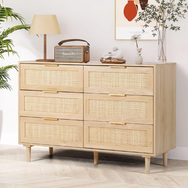 Rattan Dresser for Bedroom, Modern 6 Drawer Double Dresser with Gold Handles, Wood Storage Chest of Drawers fo Bedroom,Living Room,Hallway (Natural) - Image 3