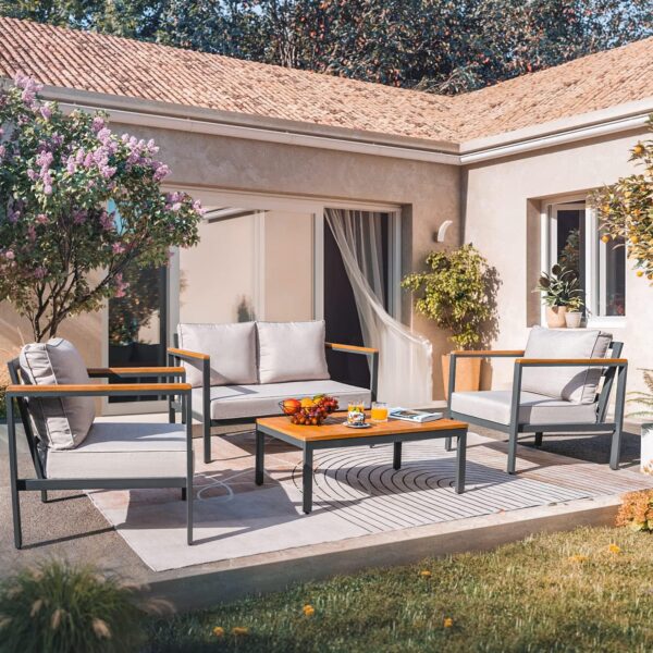 Greesum 4 Piece Furniture Patio Lounge Conversation Set Solid Wood Armrest & Table Top Anti-Drop Thick Waterproof Cushion, Beige - Image 3
