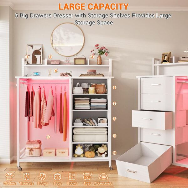 Cyclysio Dresser for Bedroom with Clothes Rack & Shelves, White 5 Drawers Dresser with Charging Station & LED Lights, Chest of Drawers with Lockable Wheels, Storage Shelves, Bedroom, Closet,Entryway - Image 5