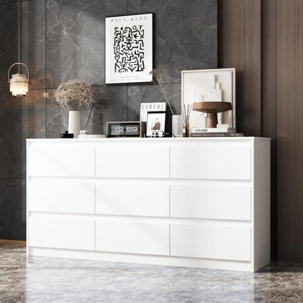 Hitow 9 White Drawer Dressers, Modern Large Dresser for Bedroom Organize, Wooden Long Dresser with 9 Handle Free Drawers, Storage Chest of Drawers for Living Room Home Office (63" W)