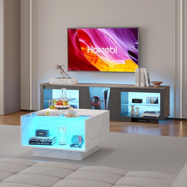 HOME BI LED Coffee Table for Living Room, Center Table with 2 Storage Glass Drawers for Game Night, Unique 16 Colors LED Lights Wood Coffee Tables, White - Image 3
