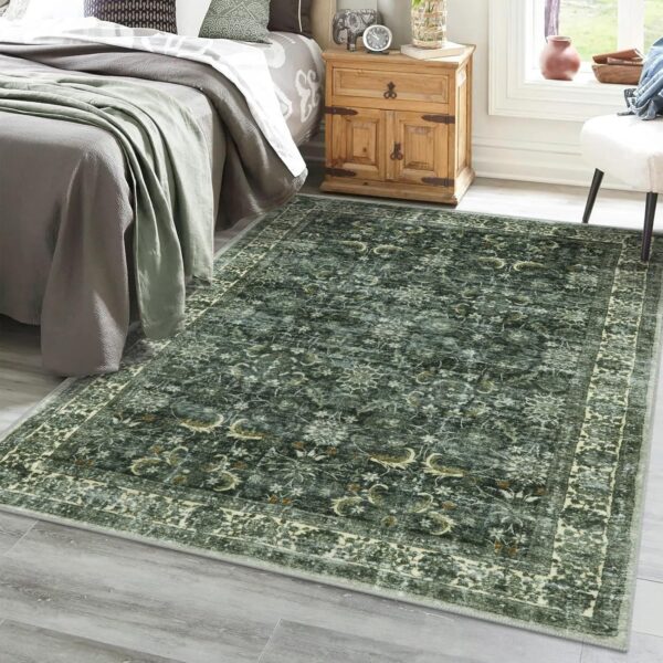 Anidaroel Washable Area Rug 5x7, Boho Large Green Rug for Living Room Vintage Soft Rugs for Bedroom, Non Slip Stain Resistant Dining Room Mat Carpet for Department Entryway Kitchen - Image 7