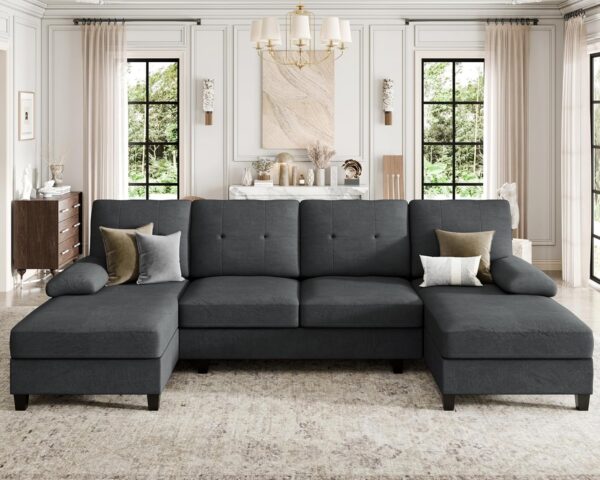 SUNLEI 106" Sectional Sofa Couches for Living Room, 4 Seat U-Shaped Sofa Couch with Linen Fabric and Double Chaises, Modern Living Room Furniture Sets for Apartment, Light Grey - Image 7