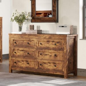 AMERLIFE 6 Drawers Dresser for Bedroom, 54" White Dresser TV Stand with Large Drawers, Farmhouse Wood Dresser for Closet for Bedroom, Hallway, Rustic Brown