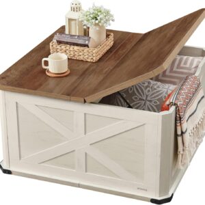 VASAGLE Farmhouse Coffee Table with Storage, Square Coffee Table for Living Room, Center Table with Flip-Top Lids, Honey Brown and Rustic White ULCT232W73