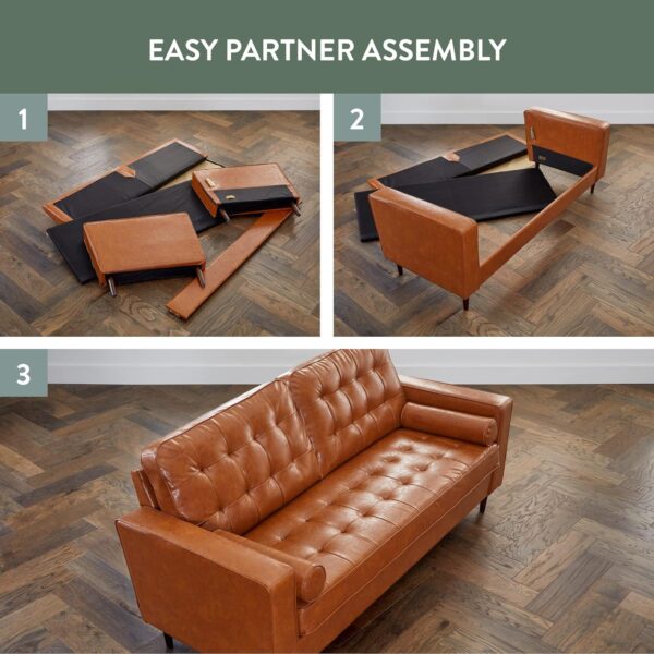Edenbrook Lynnwood Upholstered Sofa - Couch for Living Room Office or Bedroom - Mid-Century Modern Design Furniture - Buttonless Tufting - Simple Assembly - 2 Bolster Pillows - Camel Faux Leather - Image 5