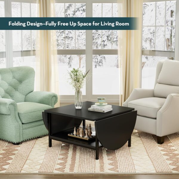 SAYGOER Black Coffee Table Modern Extended Coffee Tables with Storage for Living Room 2-Tier Unique Center Table with Two Foldable Panel for Any Large or Small Space, All Black - Image 3