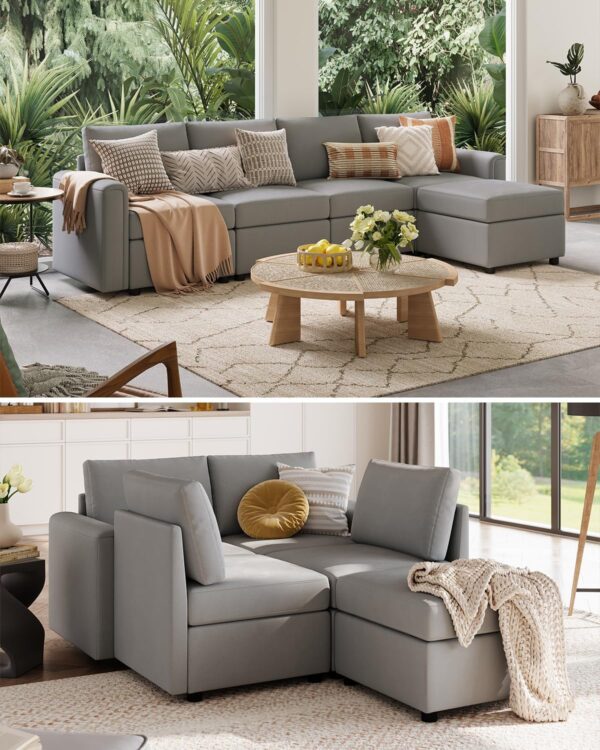 LINSY HOME Modular Sectional Sofa, Convertible L Shaped Sofa Couch with Storage, Memory Foam, Modular Sectionals with Ottomans, 5 Seat Sofa Couch with Chaise for Living Room, Grey - Image 3