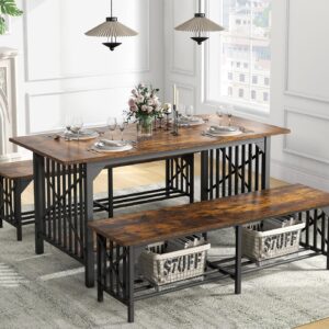 DWVO 3-Piece Dining Table Set for 4-6 People, 63" Dining Room Table with 2 Benches, Industrial Rectangular Dining Room Table Set with Storage for Kitchen, Dining Room, Rustic Brown