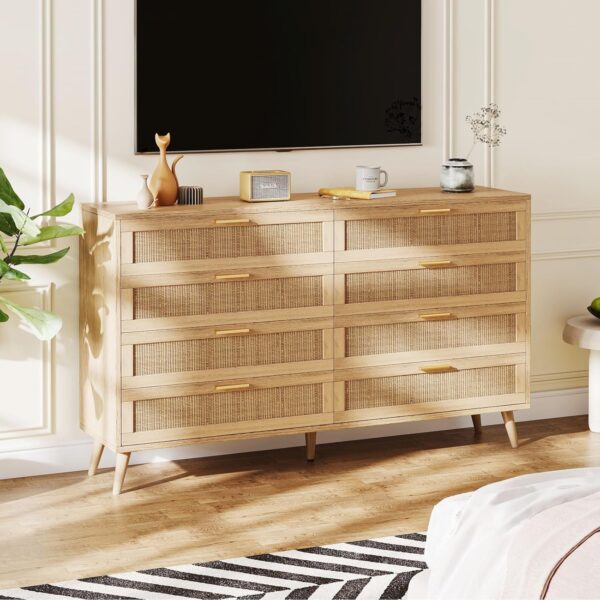 Rovaurx 8 Drawer Double Dresser for Bedroom, Rattan Chest of Dressers, Modern Wooden Dresser Chest with Golden Handles, Beside Table for Closet, Living Room and Entryway, Natural RDG003M - Image 3
