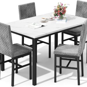 DKLGG Dining Table Set for 4 Kitchen Table and Chairs Set of 4 Faux Marble Dining Room Table Set Dinner Table with 4 Velvet Upholstered Dining Chairs for Small Space Apartment (White & Grey)
