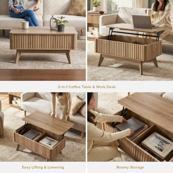 mopio Brooklyn Coffee Table, Lift Top Coffee Tables for Living Room, Mid Century, Modern Farmhouse Center Table with Lifting Top & Hidden Storage, Fluted Panel, Rising Pull Up Dining Table (Oak) - Image 6