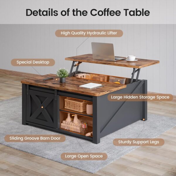SEDETA 31.5" Lift Top Coffee Table with Storage, Square Coffee Table for Living Room, Farmhouse Coffee Table with Large Hidden Storage Compartment and Adjustable Shelves, Black - Image 3