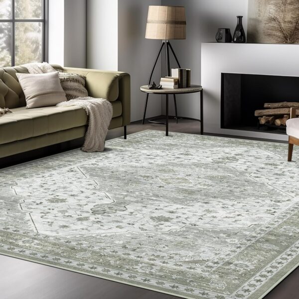 Area Rug for Living Room, Indoor Machine Washable Rug for Bedroom Vintage Rug Dinning Room Floor Carpet Non-Slip Backing Rugs Floral Soft Low-Pile Office Rug (Sage Green, 8' × 10') - Image 7