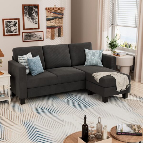 YESHOMY Convertible Sectional 3 L-Shaped Couch Soft Seat with Modern Linen Fabric, Space-Saving Sofas for Living Room, Apartment and Office, 70'', Dark Gray - Image 3