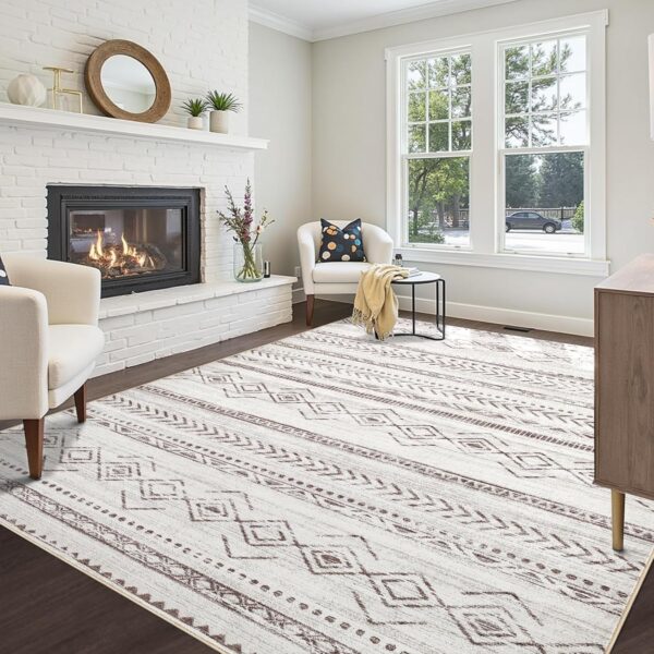 Area Rug 5x7 Rugs for Living Room Washable Soft Neutral Boho Moroccan Carpet Non Slip Stain Resistant Indoor Floor Carpets for Farmhouse Bedroom Apartment Home Office Decor - Brown - Image 2