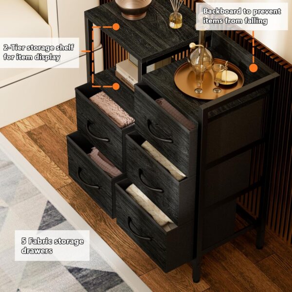 Furnulem 5 Drawer Black Dressers for Bedroom 2 Tier Shelf Storage Small Fabric Dresser for Closet Sturdy Metal Frame Modern Dresser Bedroom Dresser with Drawers for Hallway Rooms - Image 7