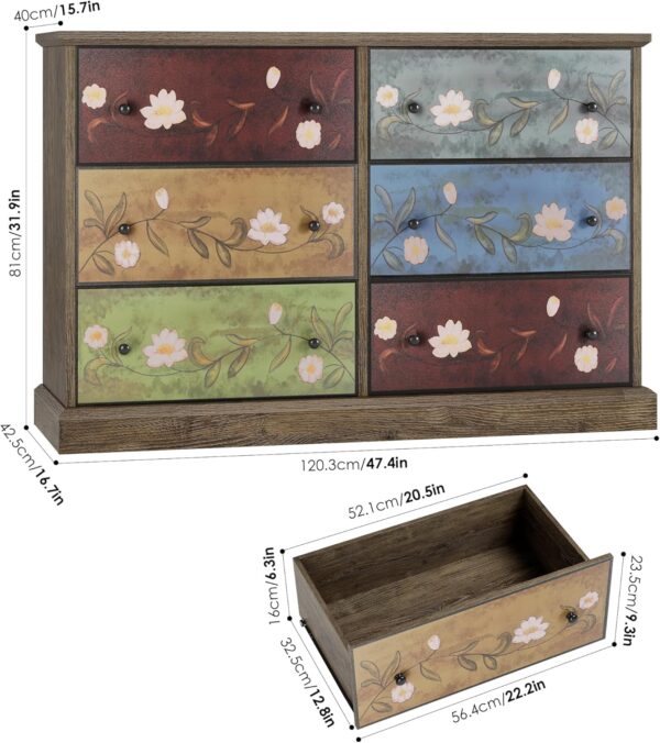 finetones 47.5’’ Wide Dressers & Chests of Drawers, 6 Drawer Dresser Boho Dresser TV Stand, Wood Dresser Vintage Dresser Chest of Drawers for Home, 47.5W x 16.7D x 31.9H Inch - Image 3