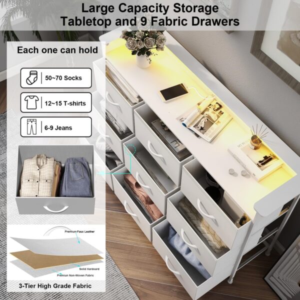 EXOTICA White Dresser with LED Light for Bedroom 9 Drawer Dressers with Charging Station Chests of Drawers for Entryway Closet Living Room Hallway Sturdy Steel Frame Wooden Top Easy Pull Handle - Image 5