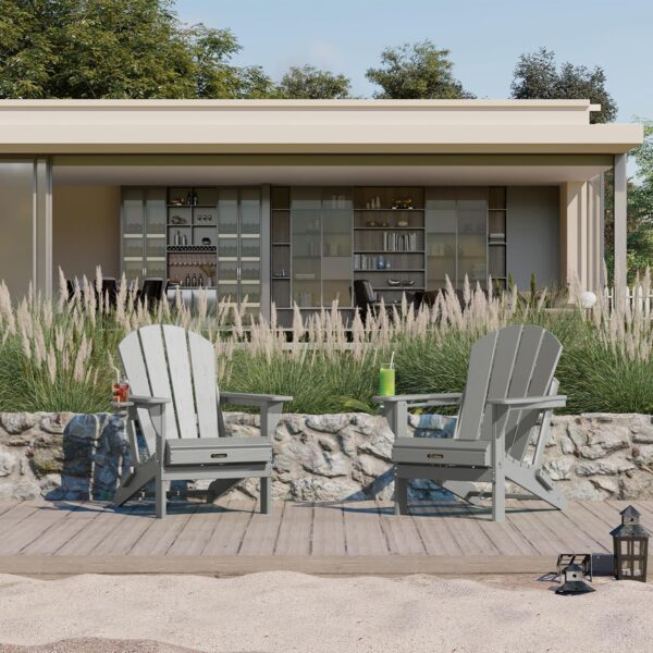Ciokea Folding Adirondack Chair Wood Texture, Patio Chair Weather Resistant, Plastic Fire Pit Chair with Cup Holder, for Lawn Outdoor Porch Garden Backyard Deck (Grey) - Image 2