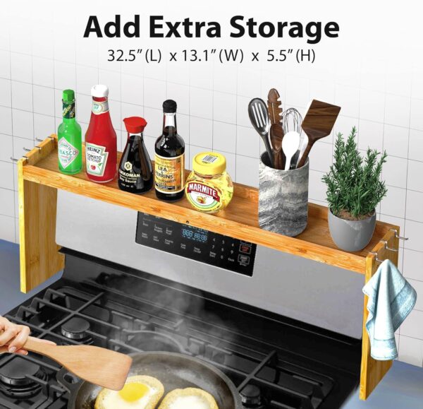 IIIOIIIA Bamboo Over the Stove Spice Shelf for Kitchen, 31.5" Spice Rack Organizer Shelf with 6 hooks, 11.4" Height Extra Storage Countertop, Easy to Assemble - Image 2