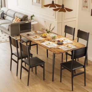7-Piece Extendable Dining Table with 6 Upholstered Chairs, MDF Board & Metal Frame Dining Table Set for 4-6, Dining Room Table Set for Kitchen, Dining Room, Rustic Brown