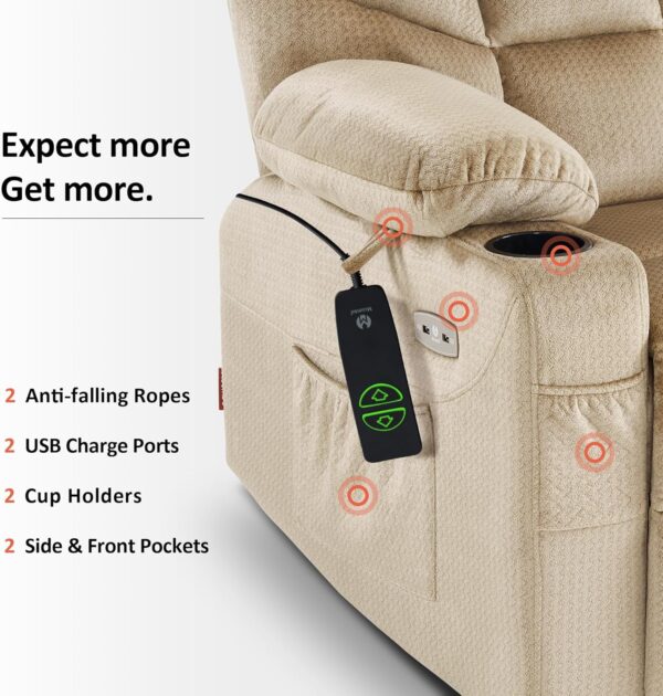 MCombo Power Lift Recliner Chair with Extended Footrest, 2 Cup Holders, USB Ports for Elderly People, Fabric 7286 (Beige) - Image 5