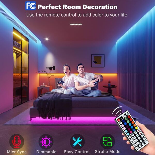 Led Lights for Bedroom 100 ft (2 Rolls of 50ft) Music Sync Color Changing RGB Led Strip Lights with Remote App Control Bluetooth Led Strip, Led Lights for Room Home Kitchen Decor Party - Image 3