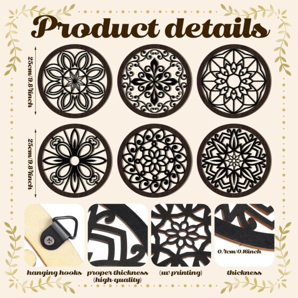 Ferraycle 6 Pieces Thicken Rustic Wall Decor Farmhouse Wall Art Decor Wooden Round Wall Art Rustic Hollow Carved Wall Art for Living Room Bedroom Kitchen Decor Small Size 9.8" x 9.8" (Black Brown) - Image 2