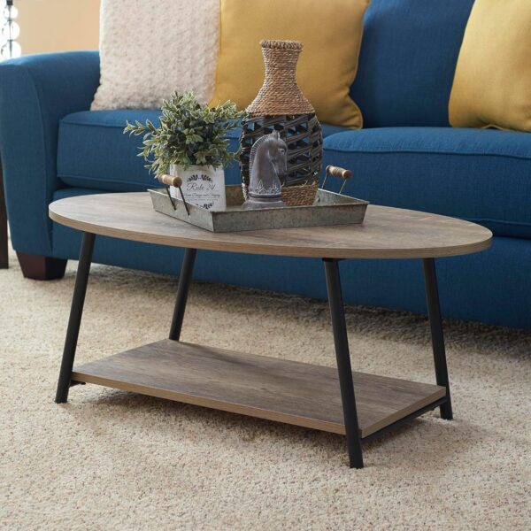 Household Essentials 8081-1 Oval Rustic Coffee Table with Storage Shelf | Distressed Ashwood - Image 2