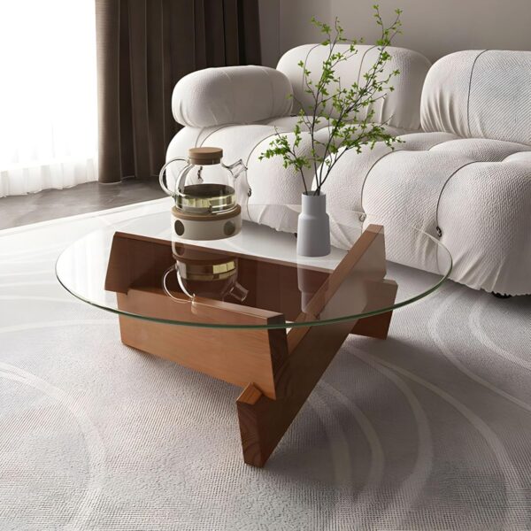 Coffee Table, Round Coffee Table for Living Room Modern Glass Coffee Table with Solid Wood Legs Farmhouse Mid Century Center Table Large Circle Cocktail Table (Walnut + Transparent, 31.5in) - Image 4