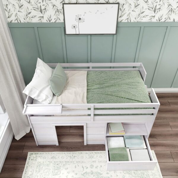 Max & Lily Loft Bed Twin Size, Solid Wood Low Loft Bed with Storage Drawer and Ladder, Modern Farmhouse Loft Bed for Kids, White Wash - Image 5