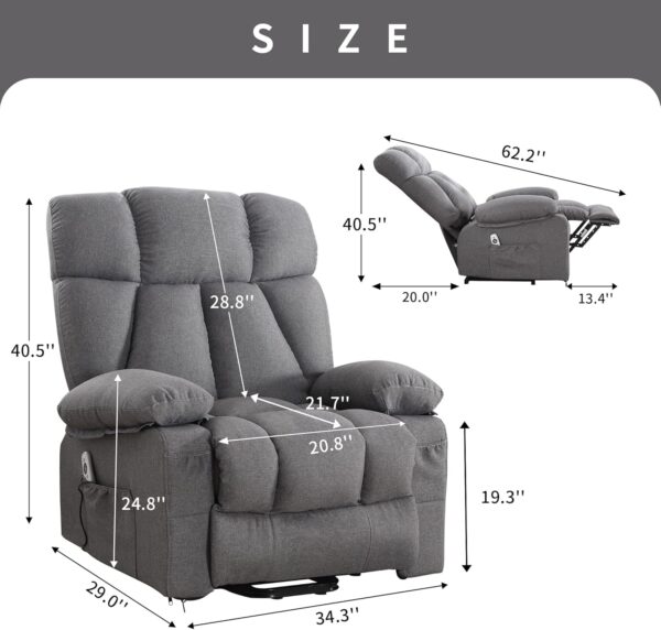 Oversized Power Lift Recliner Chair for Elderly, Big and Tall Lift Chair with Massage and Heat for Living Room, Fabric Electric Recliner Chairs with 4 Side Pockets, USB Charge Port, Grey - Image 2