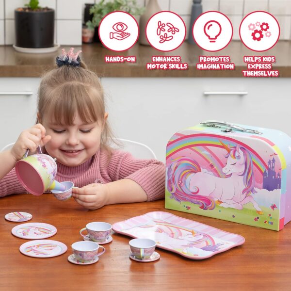 JOYIN Unicorn Tea Set for Toddlers Tea Party Set for Children Kids Pretend Role Play Tin Teapot Set with Cups, Plates and Carrying Case Kitchen Toy for Little Girls Birthday Gifts Age 3 4 5 6 - Image 5