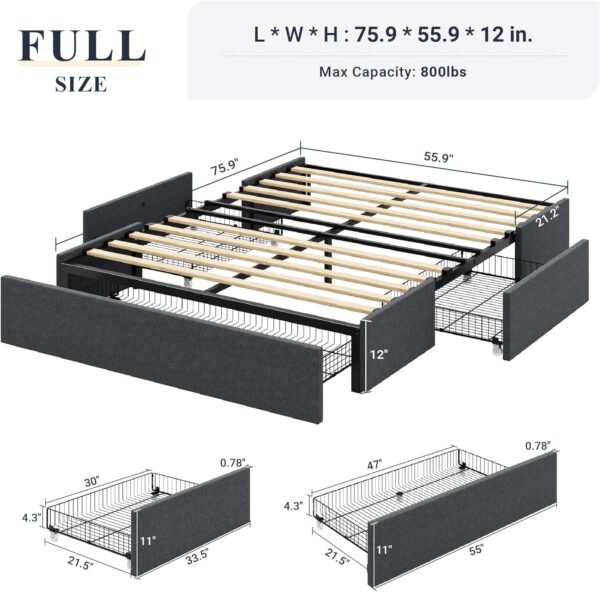Allewie Full Size Platform Bed Frame with 3 Storage Drawers, Fabric Upholstered, Wooden Slats Support, No Box Spring Needed, Noise Free, Easy Assembly, Dark Grey - Image 2