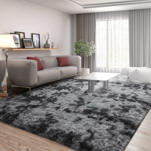 FlyDOIT Large Area Rugs for Living Room, 4x6 Feet Tie-Dyed Dark Grey Shaggy Rug Fluffy Throw Carpets, Ultra Soft Plush Modern Indoor Fuzzy Rugs for Bedroom Girls Kids Nursery Room Dorm Home Decor - Image 2