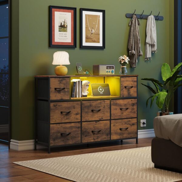 WLIVE Dresser for Bedroom, TV Stand for Bedroom for 55 inch TV with Charging Station and LED Lights, Fabric Chest of Drawers with Open Shelves, 8 Drawers Dressers for Living Room, Closet - Image 2
