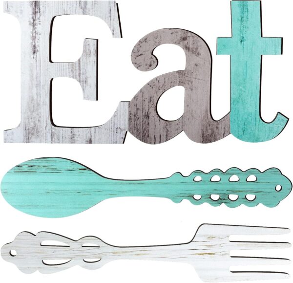 Set of EAT Sign, Fork and Spoon Wall Decor, Rustic Wood Eat Decoration, Cute Eat Letters for Kitchen and Home, Decorative Hanging Wooden Letters, Country Wall Art for Dining Room (Delicate Colors)