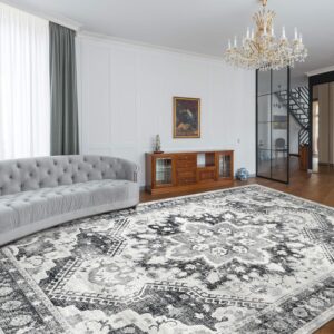 NANPIPER Washable Area Rug, 8x10 Area Rugs with Non-Slip Backing for Living Room, Non-Shedding Distressed Rug, Vintage Print Accent Large Rug for Bedroom,Dinning Room(8'x10', Light Grey)