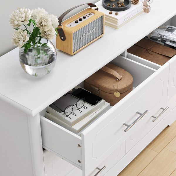HOSATCK 6 Drawer Dresser, Modern White Double Dresser, Wide Chest of Drawers with Metal Handels, Accent Wood Storage Dresser Chest Organizers for Living Room, Hallway, Entryway (Trapezoid/White) - Image 7