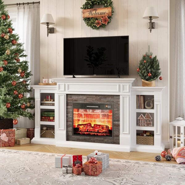 LGHM 70" Electric Fireplace with Mantel, Fireplace TV Stand for TVs Up to 80 Inch, Modern Entertainment Center with Storage, Realistic Stacked Stone Surround with Remote Control for Living Room - Image 2