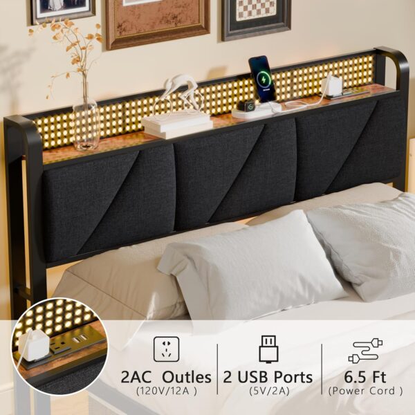 Furnulem Queen Size Bed Frame with Headboard and LED Lights,Upholstered Bedframe with Charging Station and USB Port, Platform Metal Bed Frame,No Box Spring Needed, Noise Free - Image 6