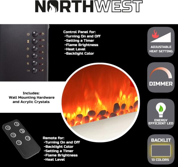 Electric Fireplace - 30 Inch Wall Mounted Fireplace - 13 Backlight Colors and Remote Controlled LED Flames, Heat, and Brightness by Northwest (Silver) - Image 4
