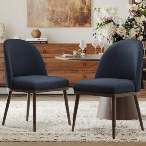 COLAMY Upholstered Dining Chairs Set of 2, Wooden Dining Room Kitchen Chairs with Wood Frame and Curved Backrest, Modern Fabric Dinner Chairs, Blue