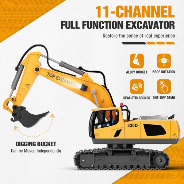 Remote Control Excavator Construction Toys for Boys, 2×1200mAh RC Excavator Toy with Metal Shovel & Light, 11CH Excavator Toys for Boys 3-5 4-7 8-12 Year Old Kids 2024 Christmas Birthday Gift,120+Mins - Image 2